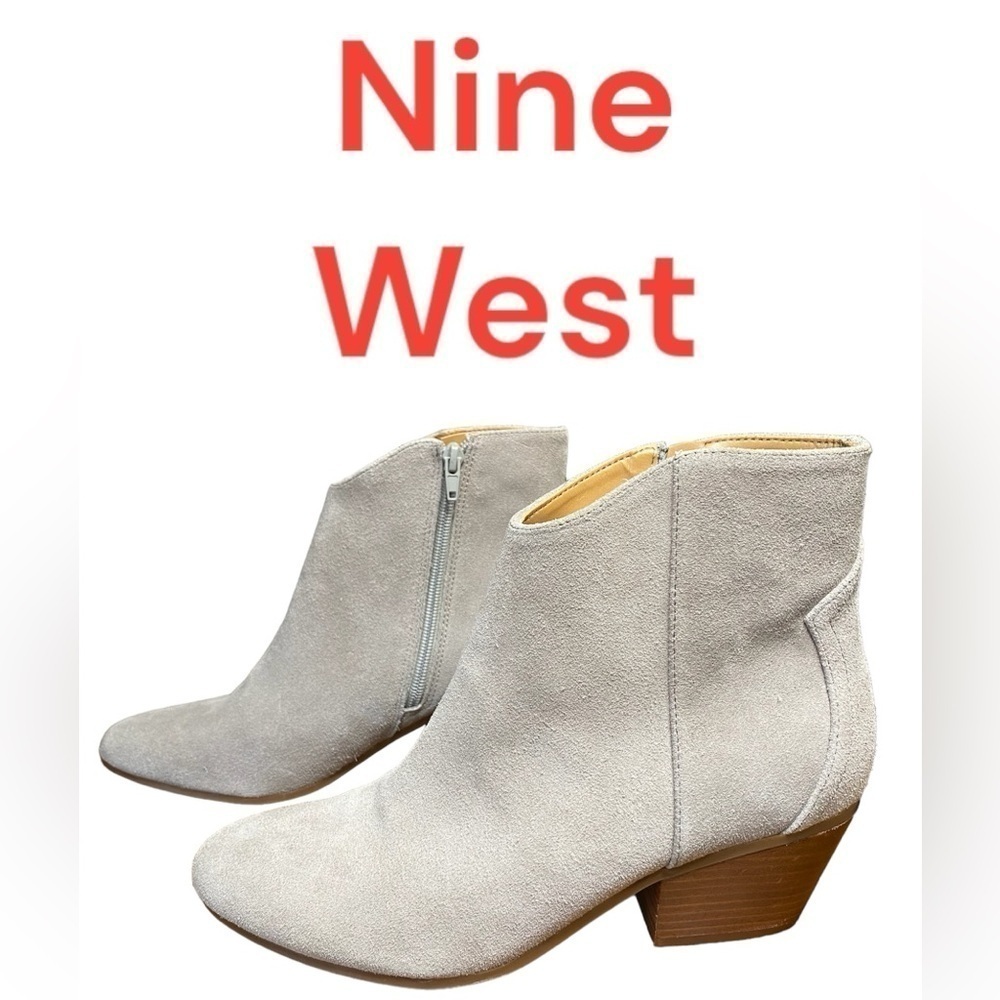 Nine West-NWT size 8.5 light putty gray “tristan” suede bootie.Side zip, 2” heel - Picture 13 of 14